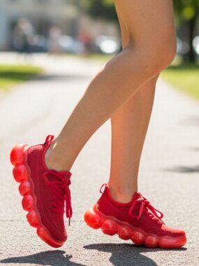 Red Mesh Athletic Sneakers With Bubble Sole - Breathable Lightweight Design For